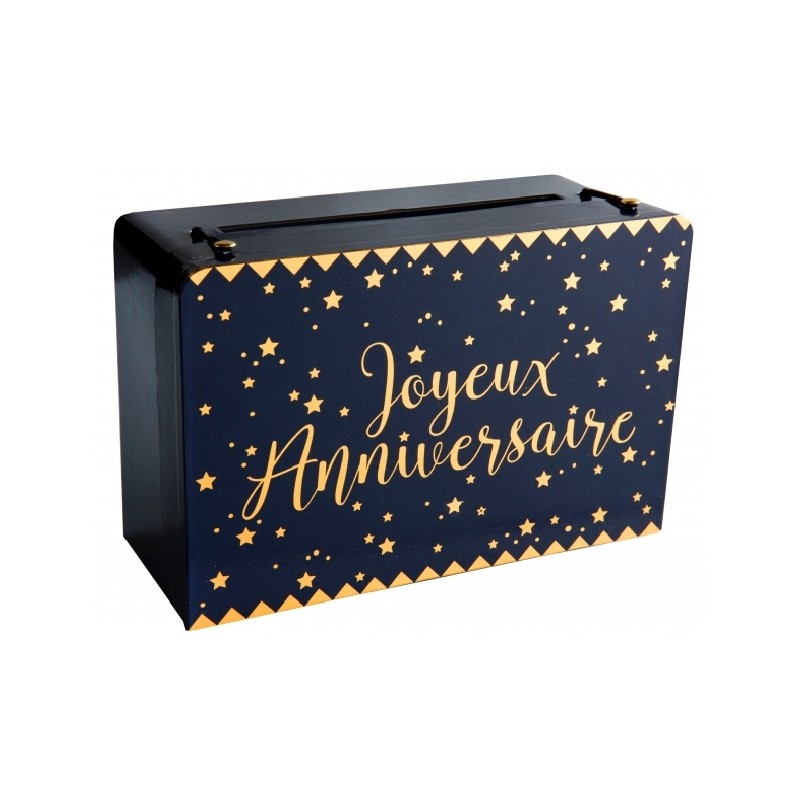 URNE OU TIRELIRE JOYEUX ANNIVERSAIRE BLEU NUIT ET OR 24 x 16 x 10 CM URNE OU TIRELIRE JOYEUX ANNIVERSAIRE BLEU NUIT ET OR 24 x 16 x 10 CM