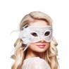 MASQUE LOUP VENITIEN BLANC DENTELLE AVEC PLUME BLANCHE