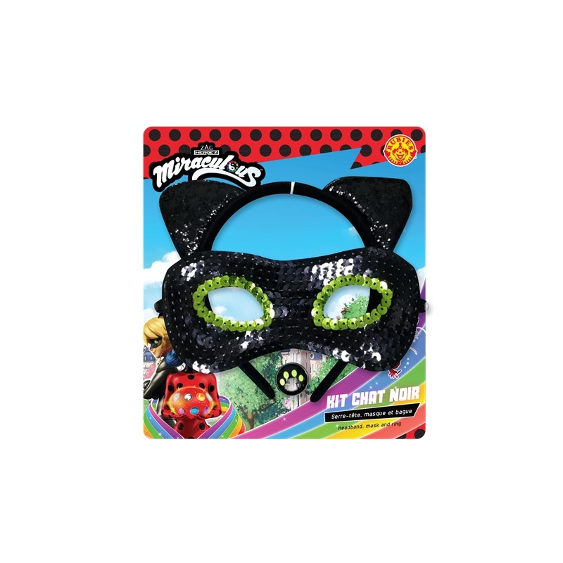 MASQUES OU LOUP PAILLETE + SERRE TETE + BAGUE MIRACULOUS CHAT NOIR MASQUES OU LOUP PAILLETE + SERRE TETE + BAGUE MIRACULOUS CHAT NOIR