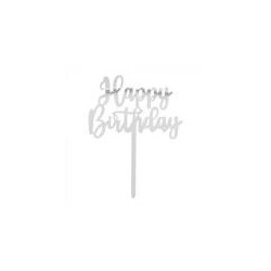 PIQUE A GATEAU CAKE TOPPER HAPPY BIRTHDAY  ARGENT 15.5 X 11 CM 
