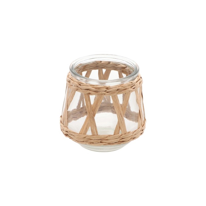 PORTE BOUGIE VERRE TRANSPARENT ET TRESSAGE NATUREL 