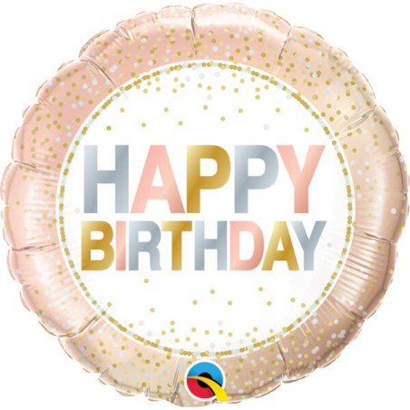 BALLON METALLIQUE ROND 46CM HAPPY BIRTHDAY ROSE GOLD OR ET ARGENT