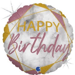 BALLON METALLIQUE ROND MARBLE ROSE HAPPY BIRTHDAY 46 CM 