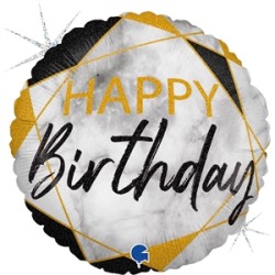 BALLON METALLIQUE ROND MARBLE NOIR HAPPY BIRTHDAY 46 CM 