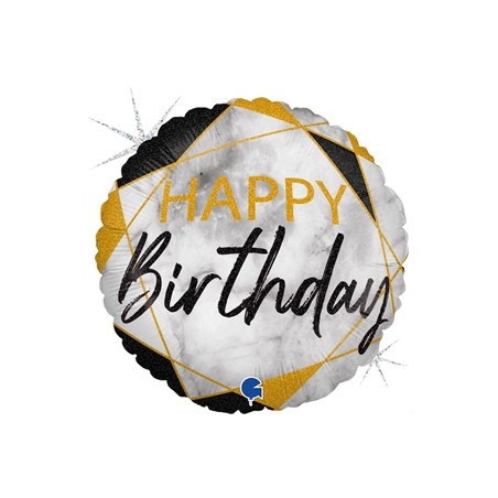 BALLON METALLIQUE ROND MARBLE NOIR HAPPY BIRTHDAY 46 CM 