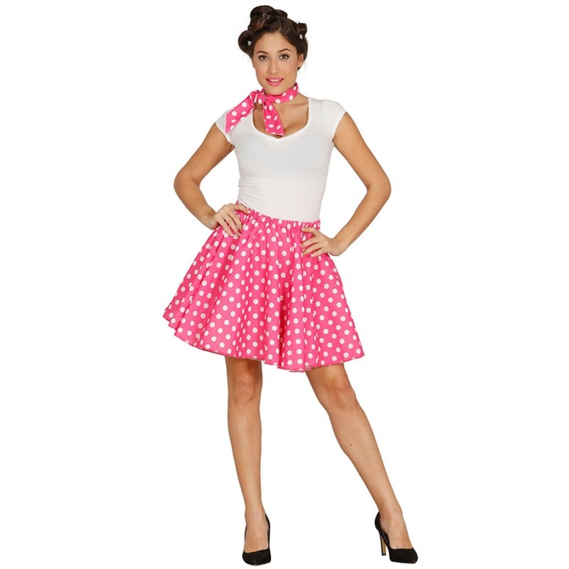 DEGUISEMENT JUPE ROSE POIS BLANC ANNEE 50 TAILLE UNIQUE + FOULARD