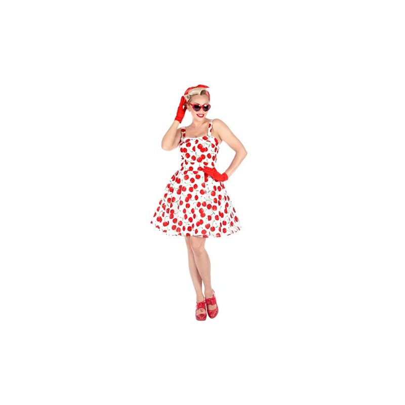 DEGUISEMENT ROBE BLANCHE DECOR CERISE ANNEES 50 TAILLE M DEGUISEMENT ROBE BLANCHE DECOR CERISE ANNEES 50 TAILLE M