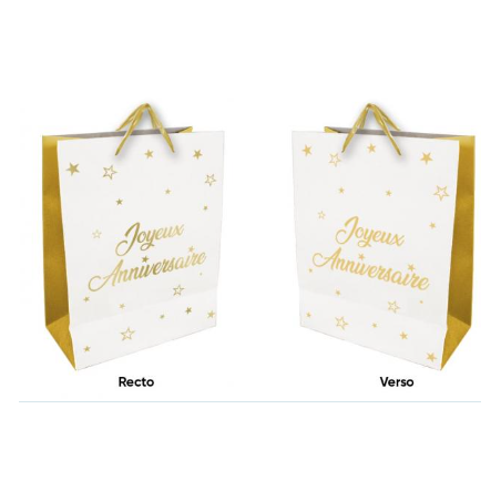 SAC CADEAU BLANC ET OR JOYEUX ANNIVERSAIRE 30 X 40 X 12 CM