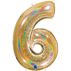 BALLON METALLIQUE CHIFFRE 6 OR HOLOGRAPHIQUE GLITTER 102 CM
