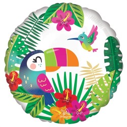 BALLON METALIQUE TOUCAN ET FLEURS ET FEUILLES TROPICALES 46 CM