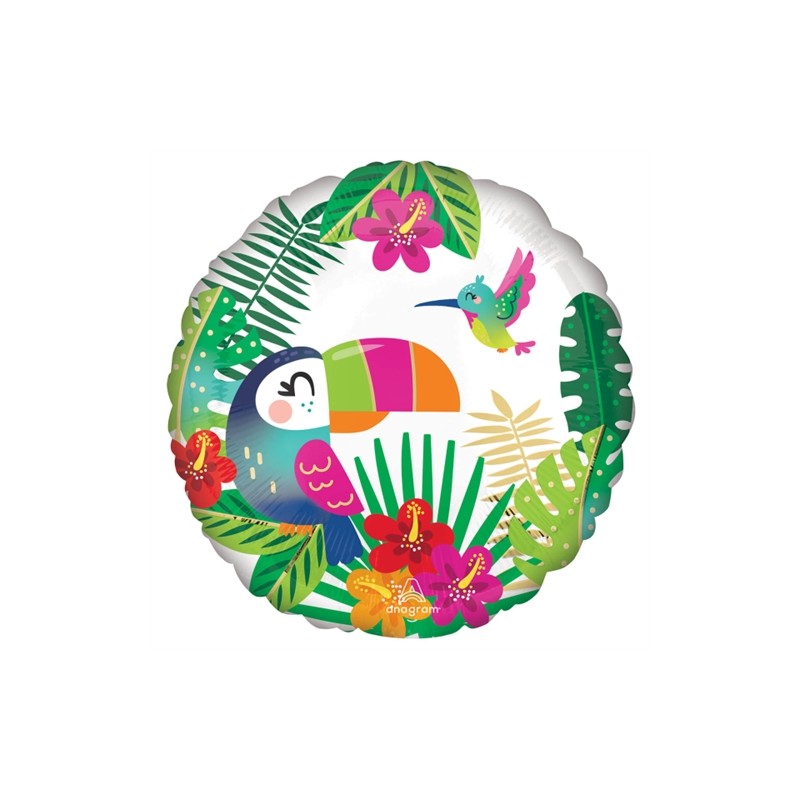 BALLON METALIQUE TOUCAN ET FLEURS ET FEUILLES TROPICALES 46 CM