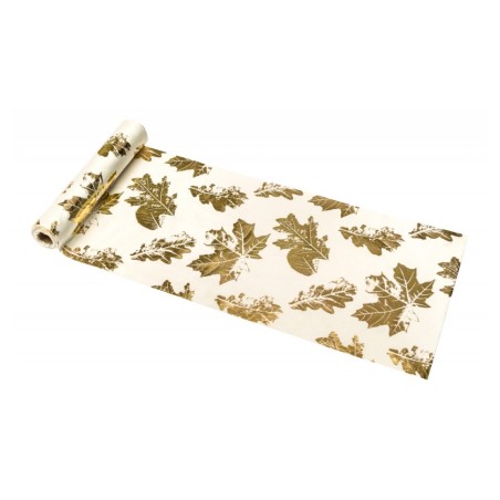 CHEMIN DE TABLE VELOURS CREME FEUILLES OR 28 CM X 300 CM 