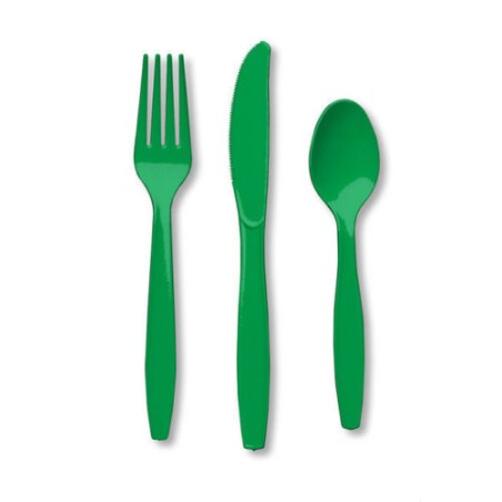 24 COUVERTS PLASTIQUE VERT EMERALD GREEN 8 FOURCHETTES 8 COUTEAUX 8 CUILLERES