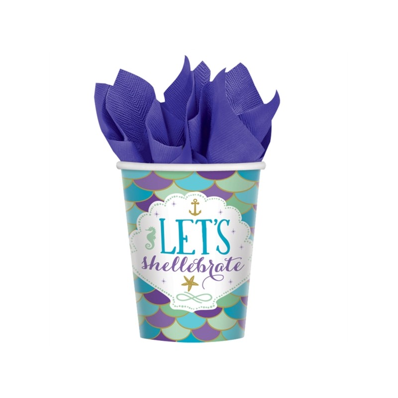 8 GOBELETS COMPOSTABLES SIRENE OU MERMAID BLEU VIOLET ET OR 250 ML 8 GOBELETS COMPOSTABLES SIRENE OU MERMAID BLEU VIOLET ET OR 250 ML
