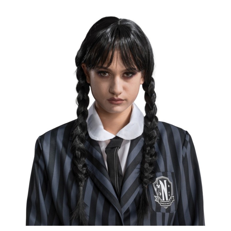 PERRUQUE MERCREDI 2 NATTES NOIRES + FRANGE ADULTE PERRUQUE MERCREDI 2 NATTES NOIRES + FRANGE ADULTE