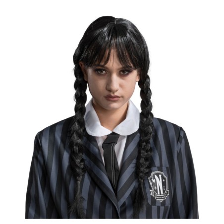PERRUQUE MERCREDI 2 NATTES NOIRES + FRANGE ADULTE