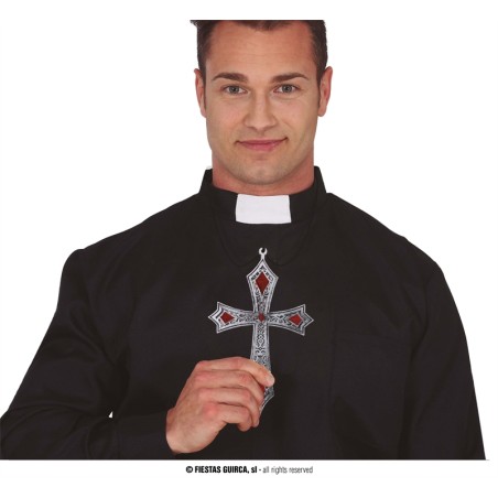 COLLIER CROIX ARGENT PIERRES ROUGE