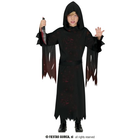 DEGUISEMENT FAUCHEUSE TUNIQUE A CAPUCHE NOIRE EN SANG TAILLE 7-9 ANS
