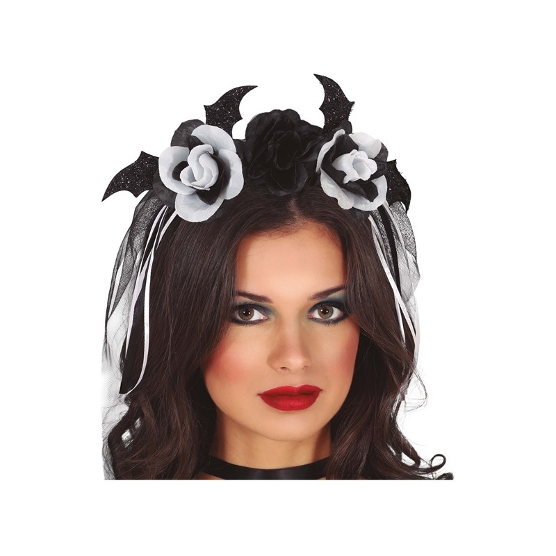 SERRE-TETE FLEURS BLANCHES ET NOIRES VOILE NOIR HALLOWEEN SERRE-TETE FLEURS BLANCHES ET NOIRES VOILE NOIR HALLOWEEN