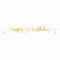 GUIRLANDE OU BANNER DECORATION 1 AN ROSE BLANC ET OR HAPPY 1ST BIRTHDAY