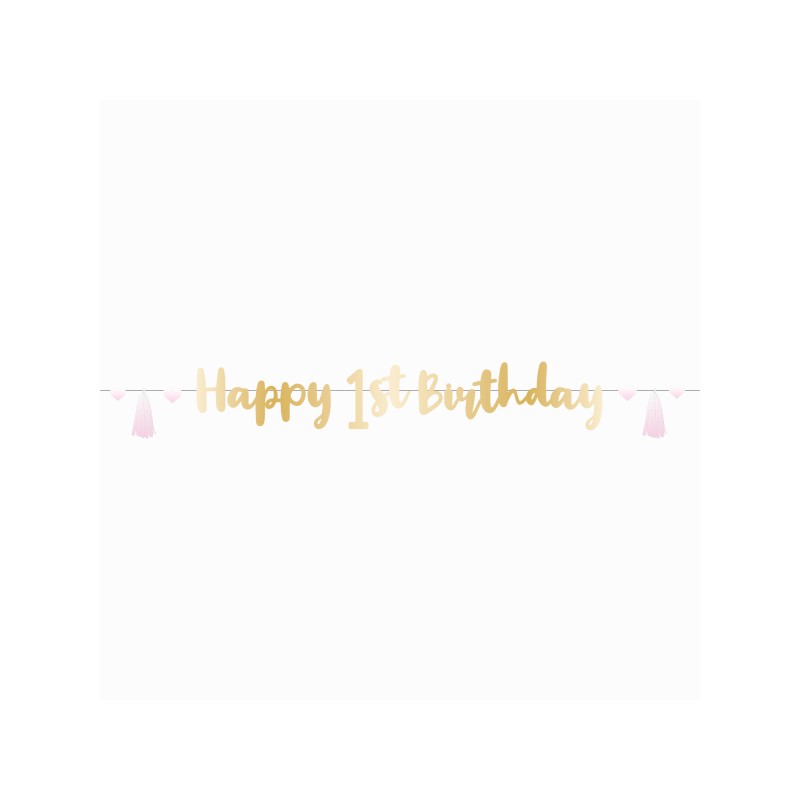 GUIRLANDE OU BANNER DECORATION 1 AN ROSE BLANC ET OR HAPPY 1ST BIRTHDAY