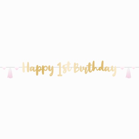 GUIRLANDE OU BANNER DECORATION 1 AN ROSE BLANC ET OR HAPPY 1ST BIRTHDAY