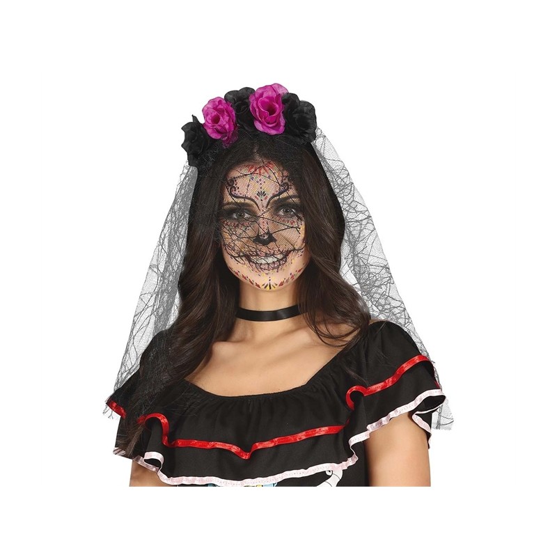 SERRE-TETE FLEURS NOIRES ET VIOLETTES AVEC VOILE NOIR HALLOWEEN SERRE-TETE FLEURS NOIRES ET VIOLETTES AVEC VOILE NOIR HALLOWEEN