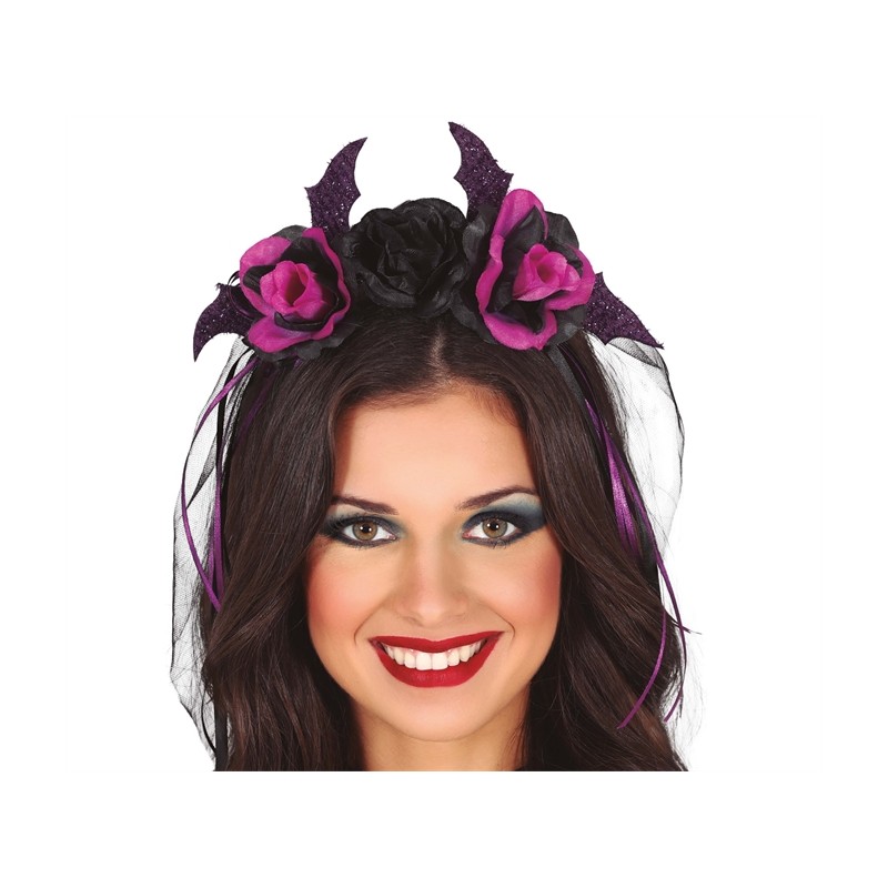 SERRE-TETE FLEURS NOIRES ET VIOLETTES AVEC VOILE NOIR HALLOWEEN SERRE-TETE FLEURS NOIRES ET VIOLETTES AVEC VOILE NOIR HALLOWEEN