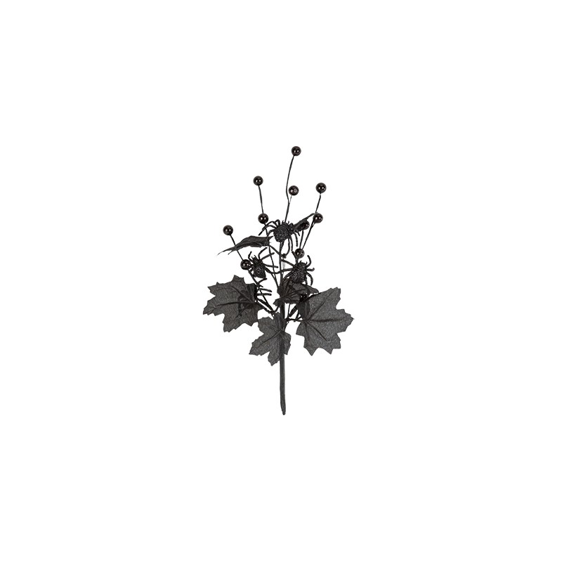 BRANCHE MYSTIQUE FEUILLAGES ET ARAIGNEES NOIR ET PAILLETTES 30 CM BRANCHE MYSTIQUE FEUILLAGES ET ARAIGNEES NOIR ET PAILLETTES 30 CM