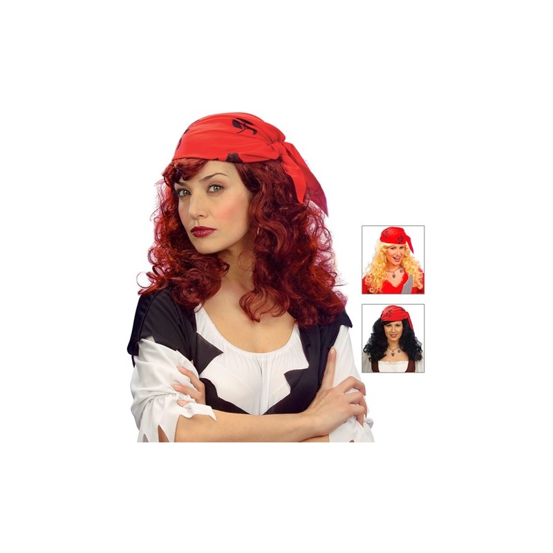 PERRUQUE LONGUE BOUCLEE BLONDE NOIR OU AUBURN PIRATE FOULARD ROUGE PERRUQUE LONGUE BOUCLEE BLONDE NOIR OU AUBURN PIRATE FOULARD ROUGE