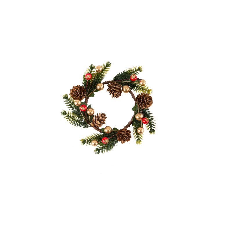COURONNE SAPIN POMMES DE PIN ET BAIES ROUGE VERT OR 15 CM COURONNE SAPIN POMMES DE PIN ET BAIES ROUGE VERT OR 15 CM