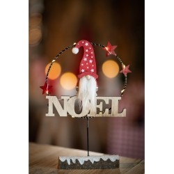 CENTRE DE TABLE BOIS NOEL GNOME 8 LEDS SUR TRONC BOIS NEIGE 24CM