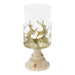 PHOTOPHORE VERRE OR MAT MOTIF RENNE SUR SOCLE BOIS DIA 12.5 CM X 25 CM