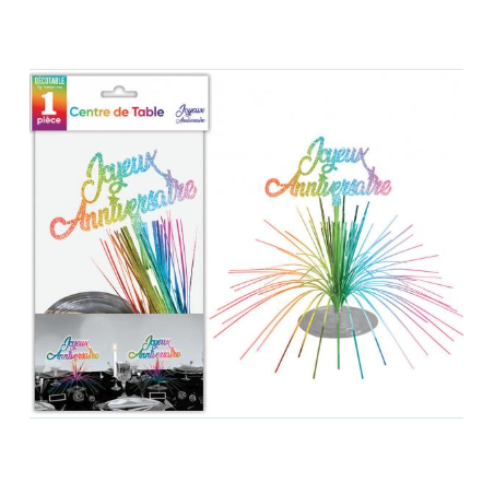 CENTRE DE TABLE  JOYEUX ANNIVERSAIRE MULTICOLORE  45 CM 
