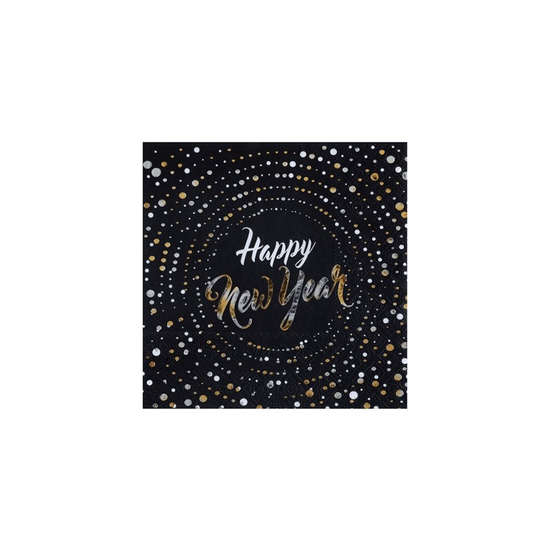 10 SERVIETTES NOIR OR ET ARGENT HAPPY NEW YEAR 33 X 33 CM 10 SERVIETTES NOIR OR ET ARGENT HAPPY NEW YEAR 33 X 33 CM
