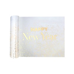 CHEMIN DE TABLE HAPPY NEW YEAR BLANC ET OR 28 CM X 5 METRES