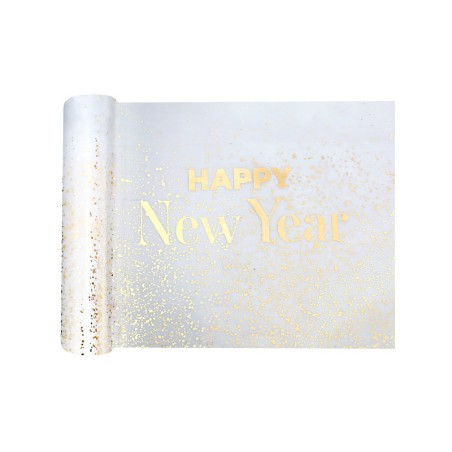 CHEMIN DE TABLE HAPPY NEW YEAR BLANC ET OR 28 CM X 5 METRES
