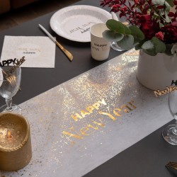 CHEMIN DE TABLE HAPPY NEW YEAR BLANC ET OR 28 CM X 5 METRES