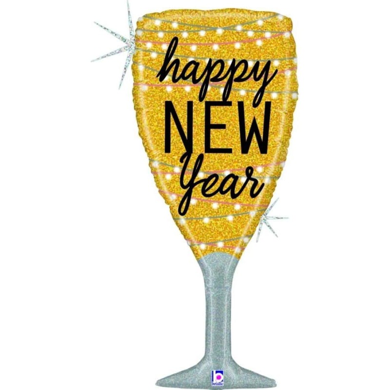 BALLON METALLIQUE COUPE DE CHAMPAGNE HAPPY NEW YEAR 94CM GLITTER HOLOGRAPHIC BALLON METALLIQUE COUPE DE CHAMPAGNE HAPPY NEW YEAR 94CM GLITTER HOLOGRAPHIC