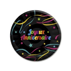 6 ASSIETTES JOYEUX ANNIVERSAIRE MULTICOLORES SUR FOND NOIR 23 CM