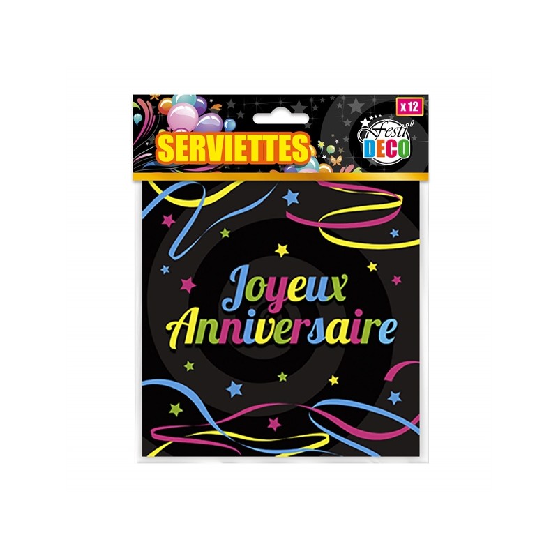 12 SERVIETTES JOYEUX ANNIVERSAIRE MULTICOLORES SUR FOND NOIR 33 X 33 CM 12 SERVIETTES JOYEUX ANNIVERSAIRE MULTICOLORES SUR FOND NOIR 33 X 33 CM
