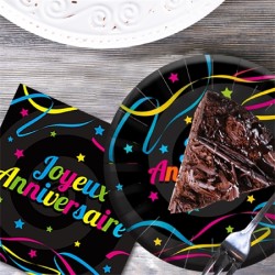 12 SERVIETTES JOYEUX ANNIVERSAIRE MULTICOLORES SUR FOND NOIR 33 X 33 CM