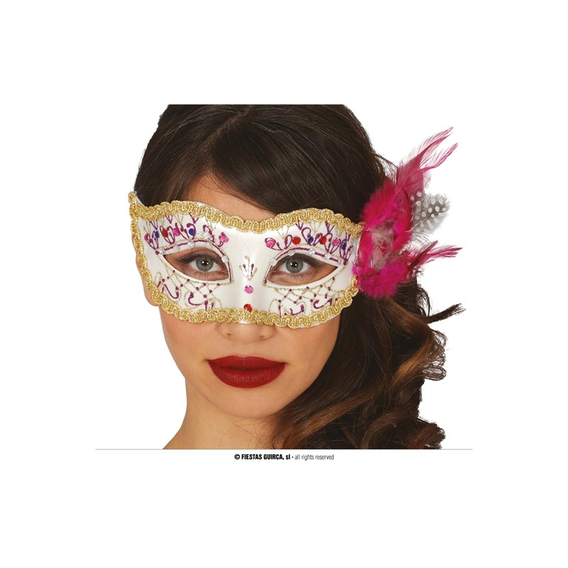 MASQUE LOUP VENITIEN BLANC OR ET FUCHSIA AVEC PLUME MASQUE LOUP VENITIEN BLANC OR ET FUCHSIA AVEC PLUME
