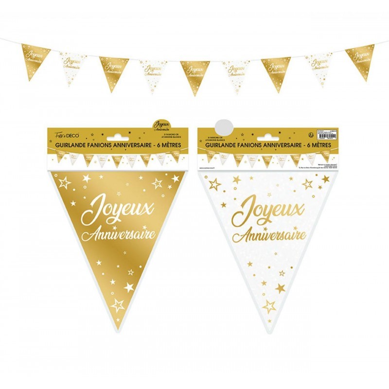 GUIRLANDE FANIONS JOYEUX ANNIVERSAIRE OR 6METRES GUIRLANDE FANIONS JOYEUX ANNIVERSAIRE OR 6METRES
