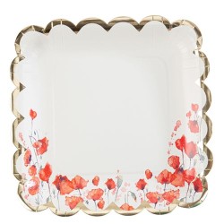 8 ASSIETTES CARREES POPPY LOVE COQUELICOT ROUGE AQUARELLE ET OR 23.5 CM