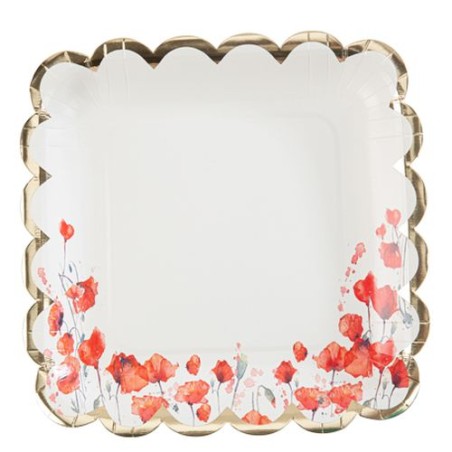 8 ASSIETTES CARREES POPPY LOVE COQUELICOT ROUGE AQUARELLE ET OR 23.5 CM