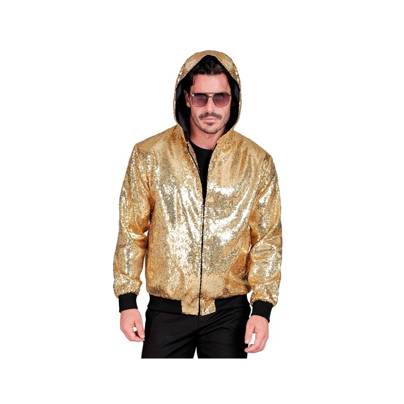 DEGUISEMENT VESTE (BOMBER) AVEC CAPUCHE PAILLETTE OR TAILLE XXL DEGUISEMENT VESTE (BOMBER) AVEC CAPUCHE PAILLETTE OR TAILLE XXL