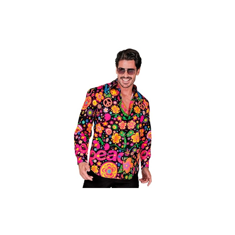 DEGUISEMENT CHEMISE ANNEES 60-70 PEACE AND LOVE COLOREE SUR FOND NOIR TAIL. L-XL DEGUISEMENT CHEMISE ANNEES 60-70 PEACE AND LOVE COLOREE SUR FOND NOIR TAIL. L-XL