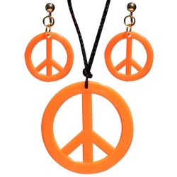 COLLIER AVEC MEDAILLON PEACE AND LOVE + BOUCLES D'OREILLES ORANGE FLUO