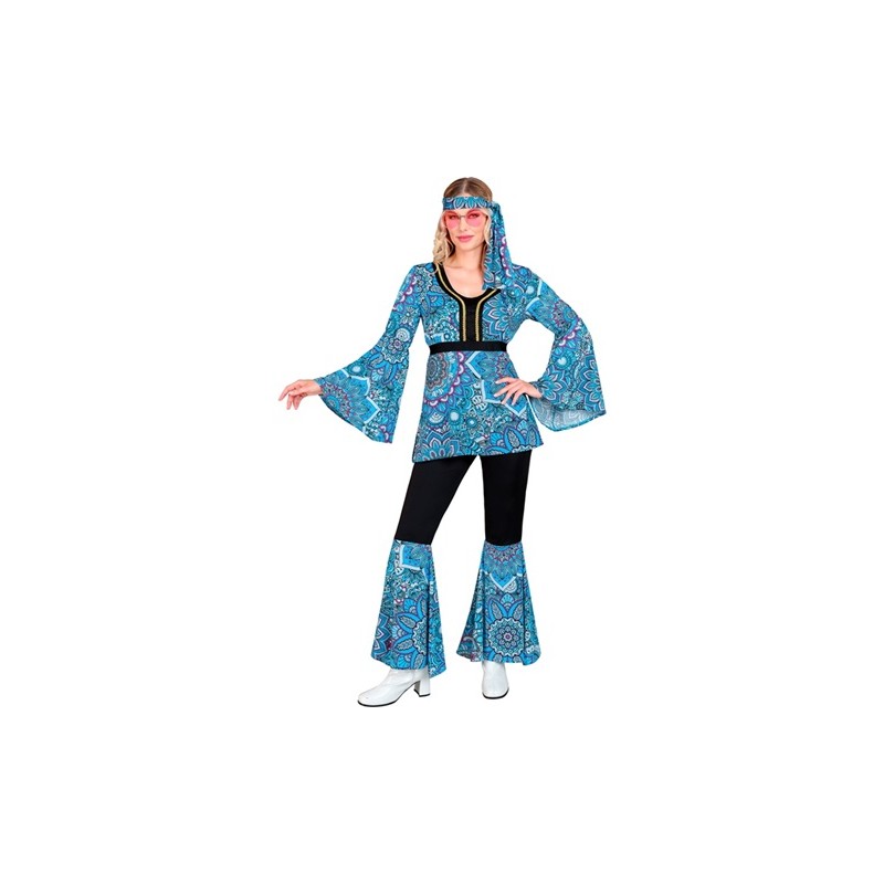 DEGUISEMENT ENSEMBLE TUNIQUE PANTALON HIPPIE BLEU AVEC BANDEAU TAILLE XL DEGUISEMENT ENSEMBLE TUNIQUE PANTALON HIPPIE BLEU AVEC BANDEAU TAILLE XL